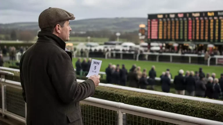Punter holding a paper betting slip and looking at a tote board at a British racecourse