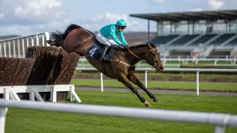 Single jump racehorse and jockey landing after a Grand National fence at Aintree