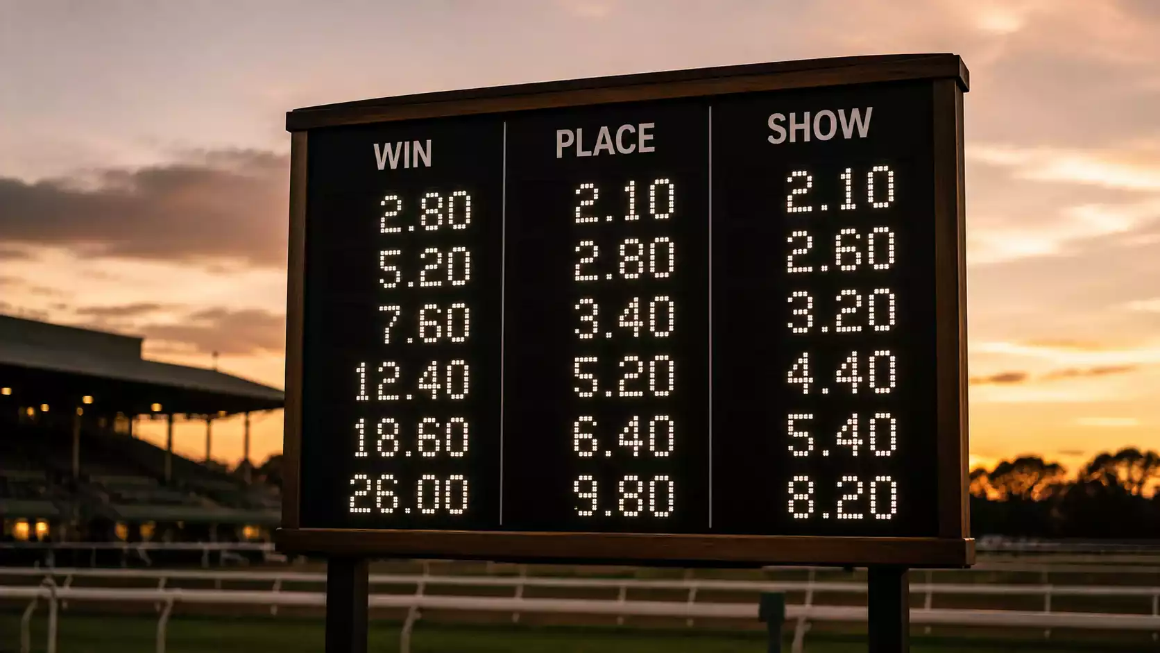 American racetrack tote board displaying win, place and show dividends after a race