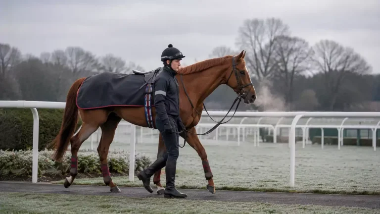 Jockey walking a thoroughbred racehorse around a wintry British parade ring