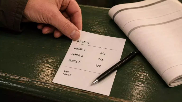 Hand placing a paper betting slip on a wooden racecourse betting counter