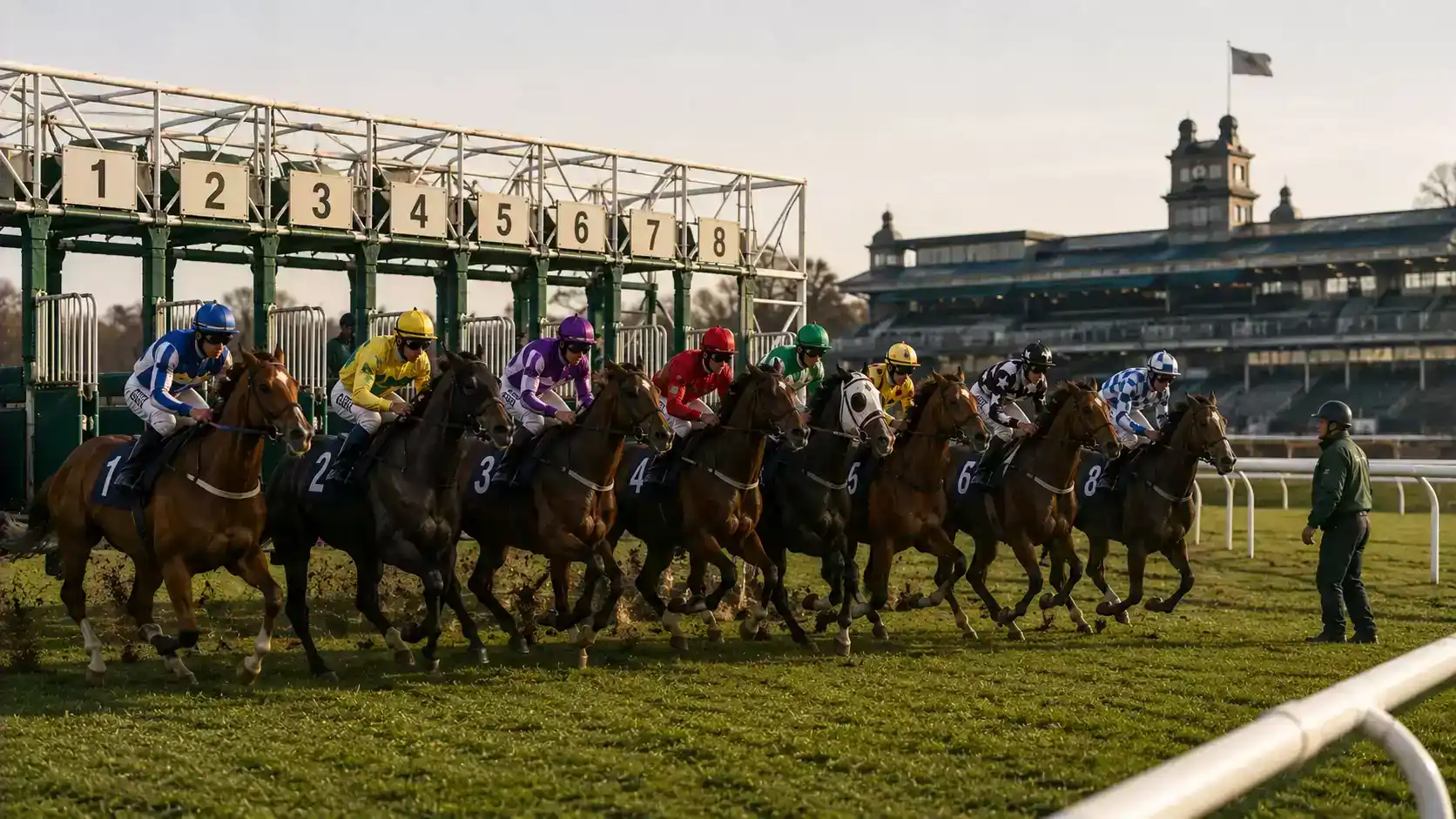 A large handicap field of British thoroughbred runners breaking from the stalls at a Flat racecourse