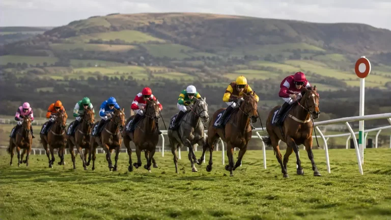 Field of jump racehorses climbing the Cheltenham hill toward the finishing post