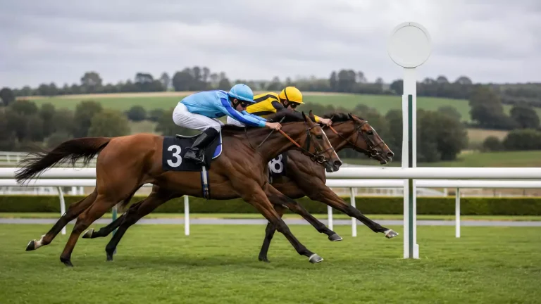 Two thoroughbred racehorses crossing the finishing line nose-to-nose at a British racecourse