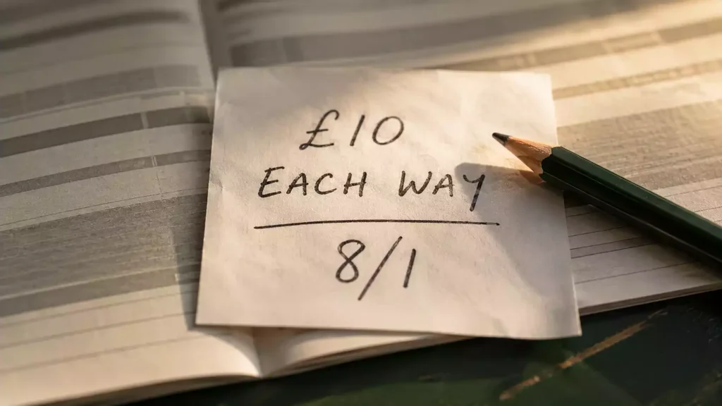 Handwritten UK each-way betting slip with win and place portions marked, resting on a folded Racing Post form guide