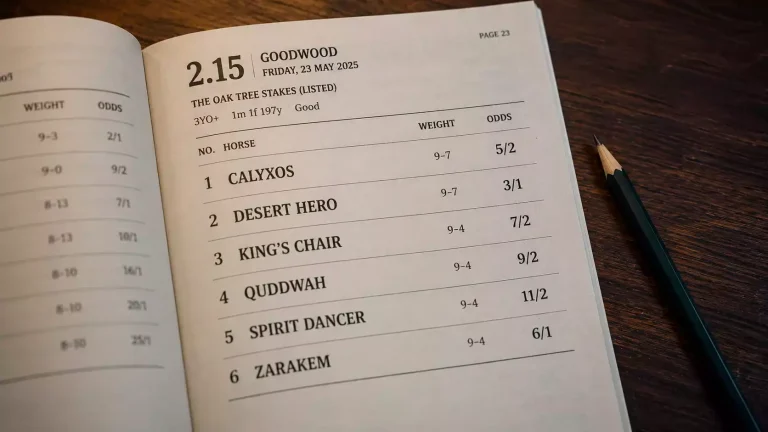 Close-up of a printed British racecard page showing each-way terms and fractional odds in a column
