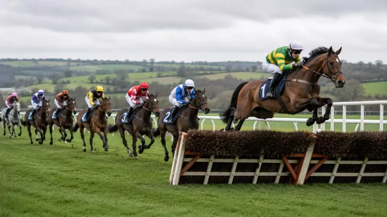 Field of jump racehorses approaching a Grand National fence at Aintree