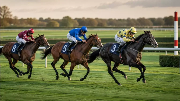 Three thoroughbred racehorses with jockeys racing down the home straight at a British racecourse