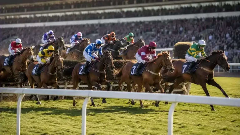 Crowd of racegoers watching the Grand National field gallop past a fence at Aintree