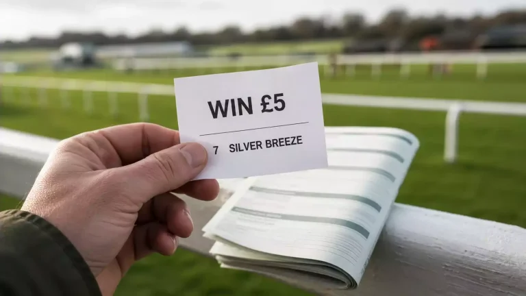 Beginner punter's hand holding a fresh UK betting slip at a British racecourse with an open Racing Post on the rail