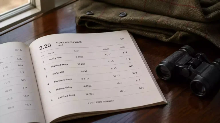 Open British racecard booklet on a wooden table beside a pair of binoculars