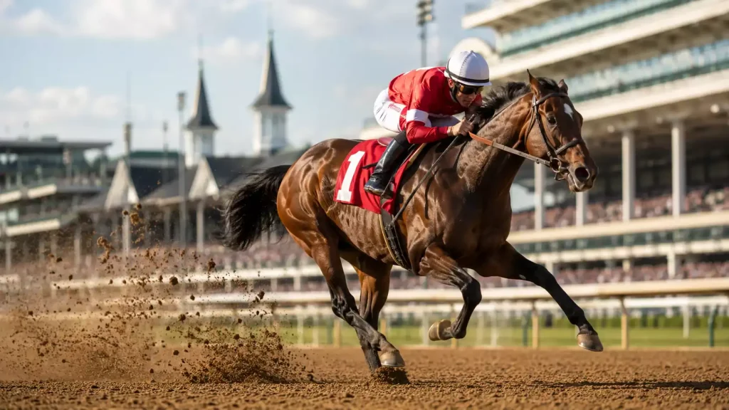 Thoroughbred racehorse with jockey in rose-themed silks galloping on a dirt track at Churchill Downs