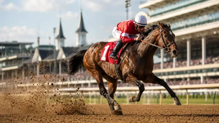 Thoroughbred racehorse with jockey in rose-themed silks galloping on a dirt track at Churchill Downs