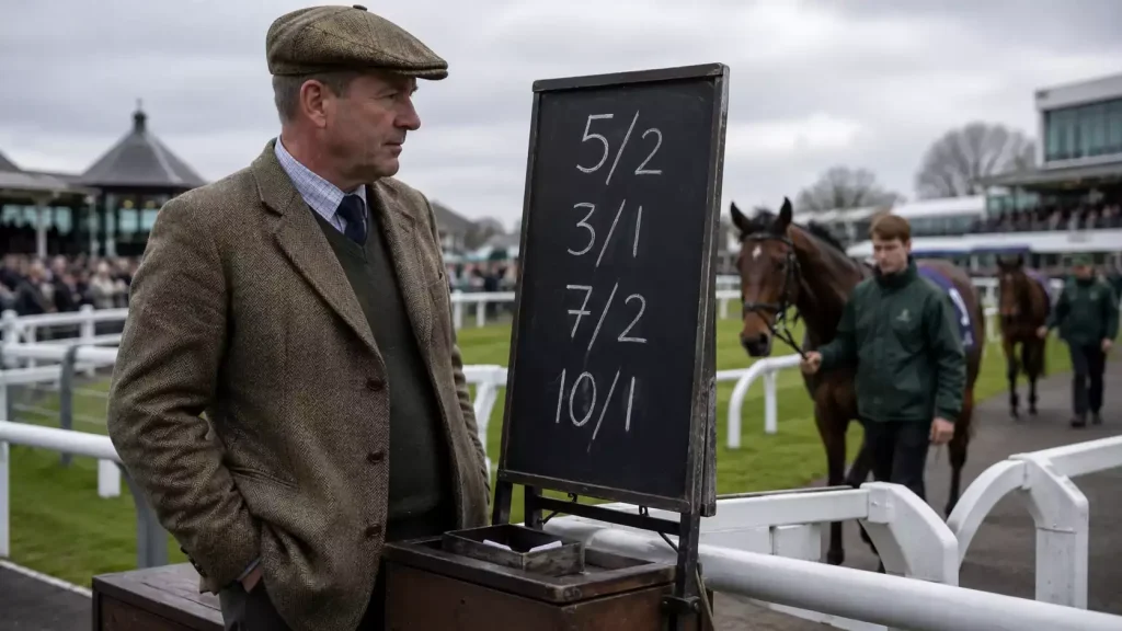 On-course bookmaker at a British racecourse chalking prices on a board beside the parade ring