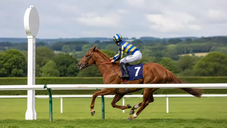 Jockey in blue and yellow silks looking back over his shoulder while crossing the line on a chestnut racehorse