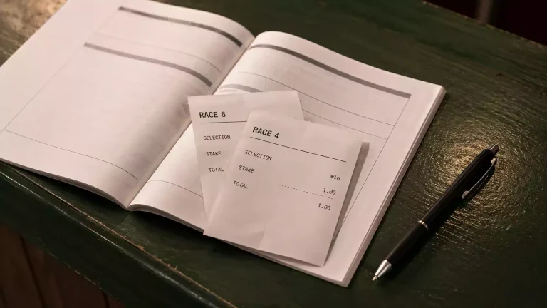 Two paper Tote tickets resting on a folded British racecard at a racecourse