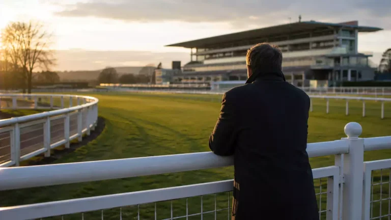 Lone racegoer leaning on a white running rail looking out at an empty British racecourse