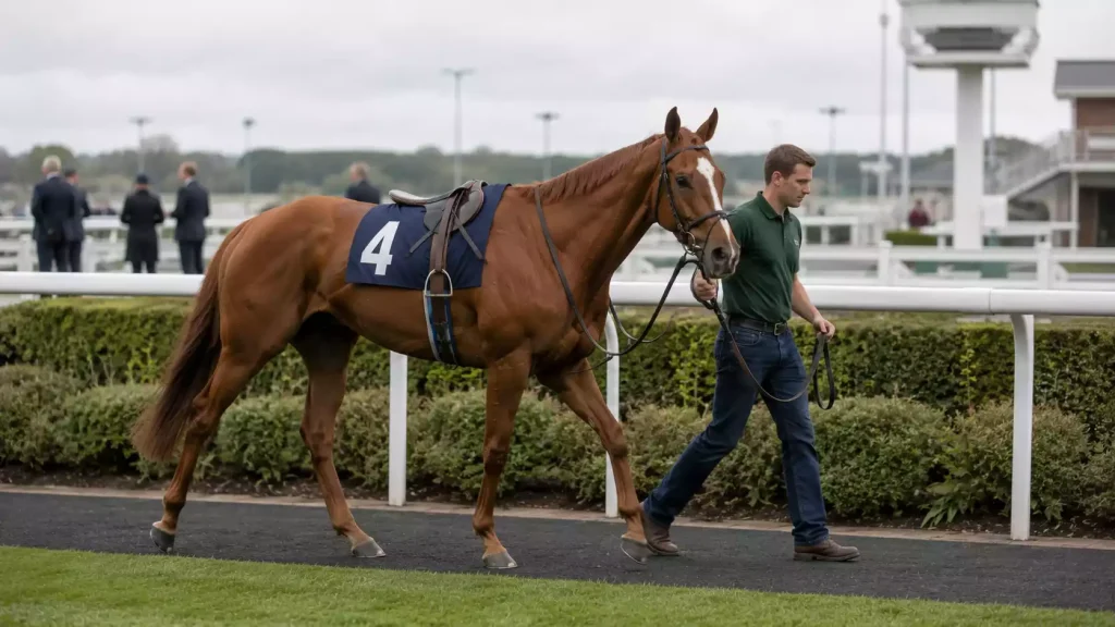 Riderless thoroughbred racehorse being led away from the parade ring by a stable lad