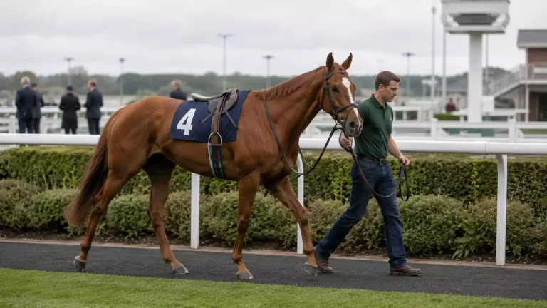 Riderless thoroughbred racehorse being led away from the parade ring by a stable lad