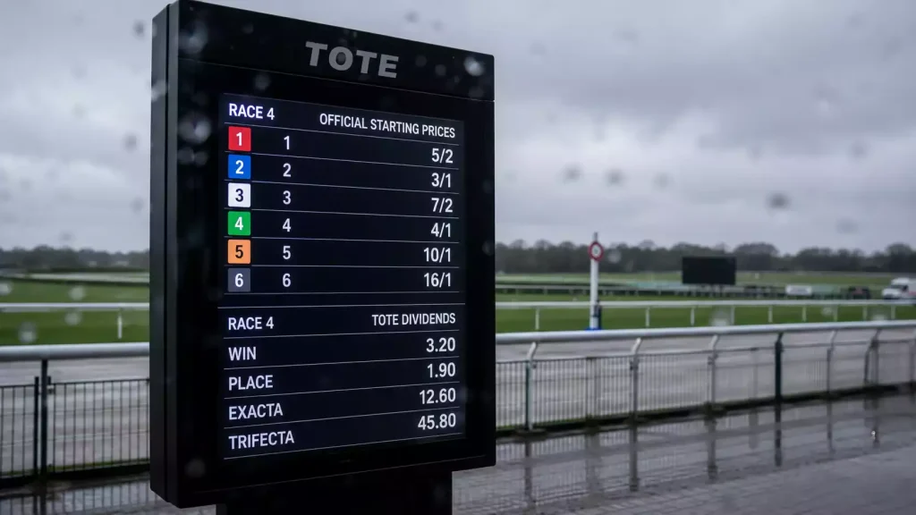 Tote board at a British racecourse displaying live dividends for win, place and show