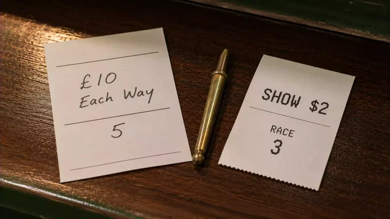 British each-way betting slip and American show bet tote ticket placed side by side on a wooden racecourse counter