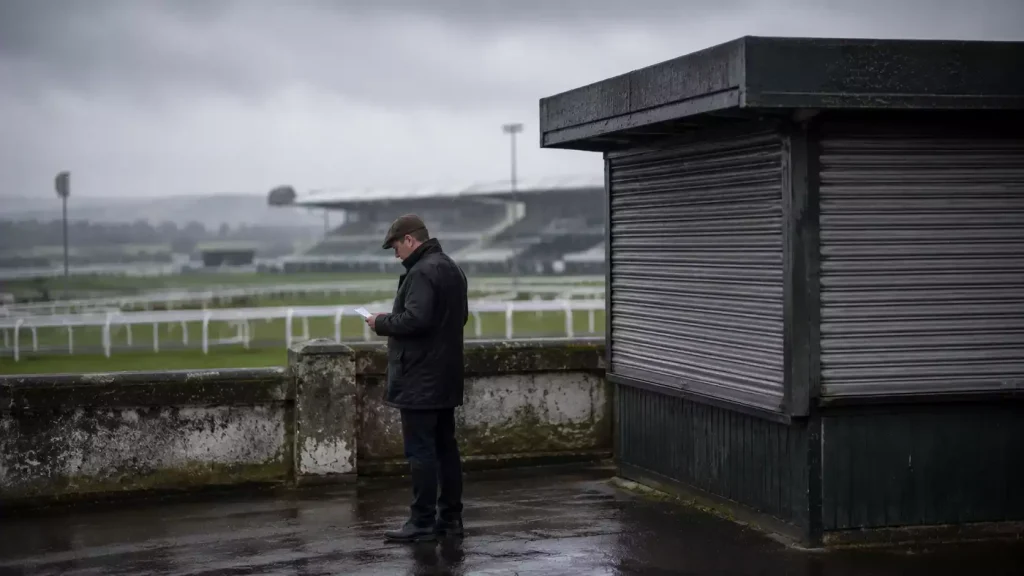 Punters in the betting ring at a British racecourse studying racecards on an afternoon meeting