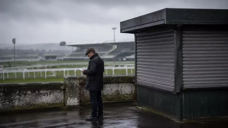 Punters in the betting ring at a British racecourse studying racecards on an afternoon meeting