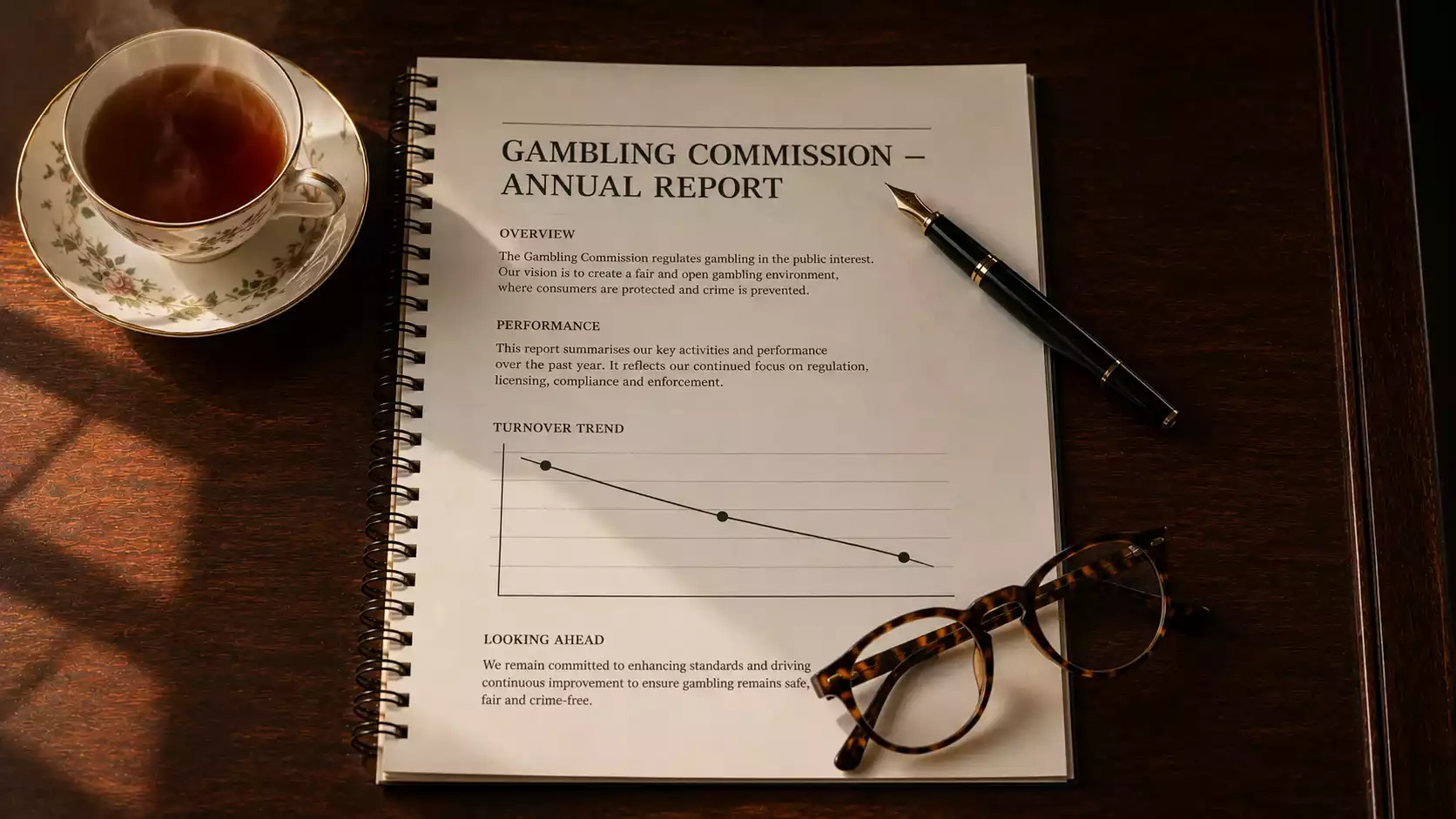 An open Gambling Commission regulatory report on a desk with reading glasses beside it