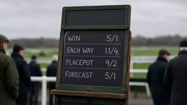 On-course UK bookmaker betting board with multiple horse racing bet types and fractional odds chalked on slate panels