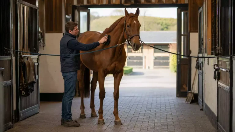 Stable lad grooming a thoroughbred racehorse in a British training yard