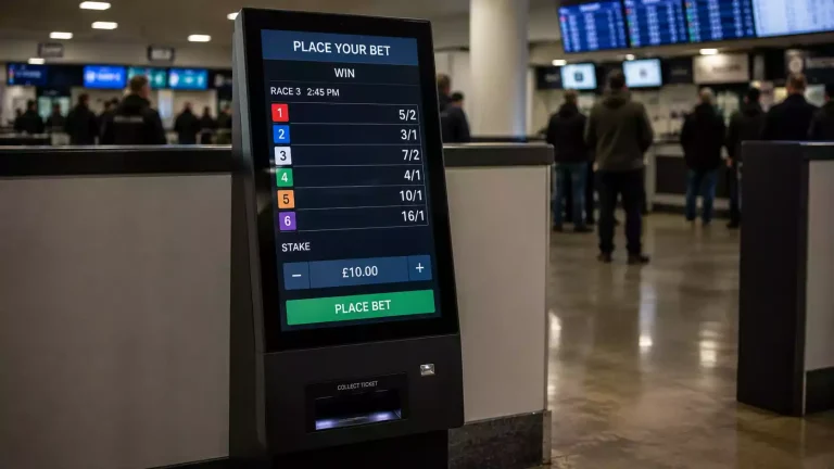 Self-service Tote terminal inside a British racecourse betting hall
