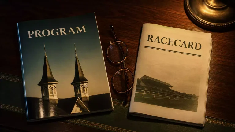 Churchill Downs race programme and a British Racing Post racecard placed side by side on a wooden desk with reading glasses resting between them