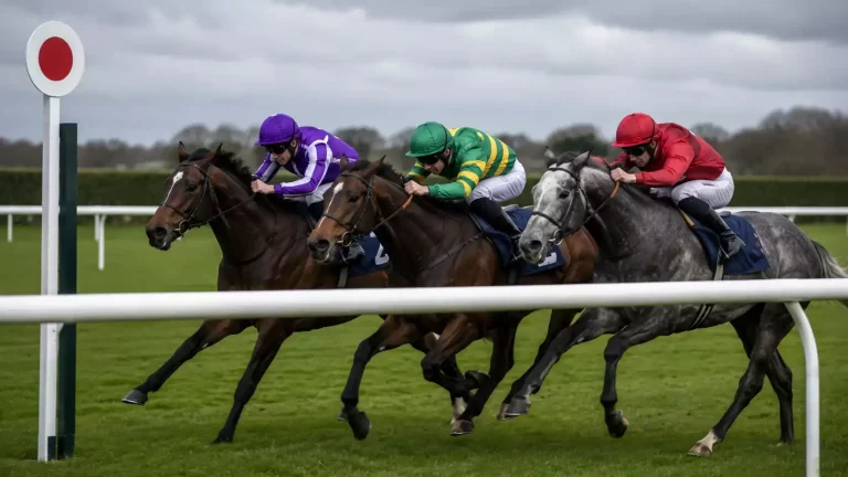 Three thoroughbred racehorses crossing the finish line at a British racecourse with jockeys in coloured silks